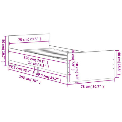 vidaXL Rúmgrind Grá Sonoma 75x190 cm Samsettur Viður