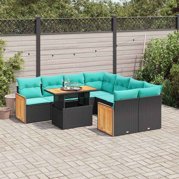 vidaXL 9 stykki gar&eth;s&oacute;fasett me&eth; p&uacute;&eth;um Black Poly Rattan Acacia