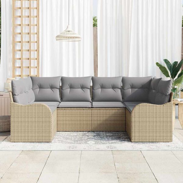vidaXL Gar&eth;s&oacute;fa sett me&eth; p&uacute;&eth;i 6 pcs drappa&eth;ur og lj&oacute;sgr&aacute;r Poly rattan