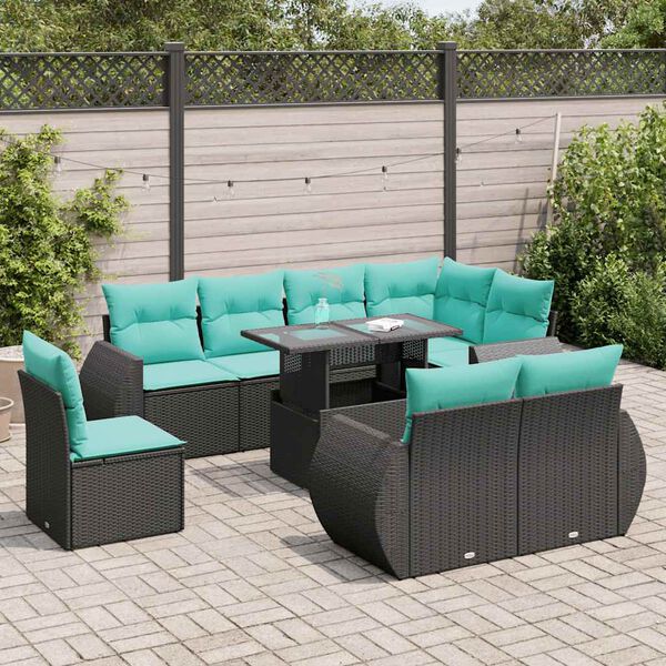vidaXL 9 stykki gar&eth;s&oacute;fasett me&eth; p&uacute;&eth;um Black Poly Rattan Acacia