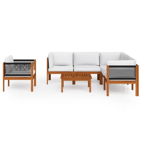 vidaXL 7 hluta garðsetusett með púðum úr kremhvítu viði, akasíu og reipi