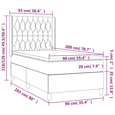 vidaXL Hólfað Springrúm með Dýnu&LED Dökkgrænt 90x200 cm Flauel