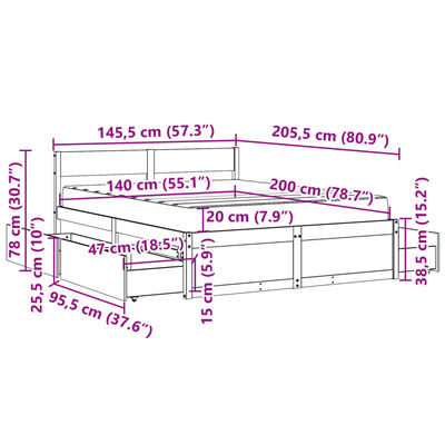 vidaXL Rúmgrind með Skúffum og Dýnu Vaxbrún 140x200 cm Gegnheil Fura