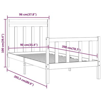 vidaXL Rúmgrind án Dýnu Svartur 90x200 cm Gegnheil Fura