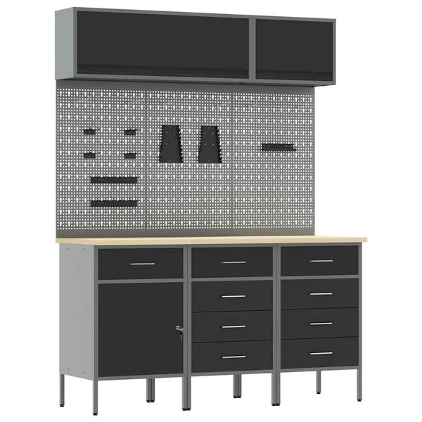 vidaXL Vinnusk&aacute;paset 8 pcs Svartur Pulverlita&eth;ur st&aacute;l og hanna&eth; tr&eacute;