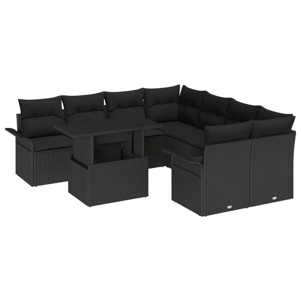vidaXL Garðsófa sett með púði með geymslu 9 pcs Svartur Poly Rattan