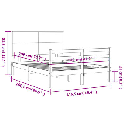 vidaXL Rúmgrind með Höfuðgafli Hvít 140x200 cm Gegnheill Viður