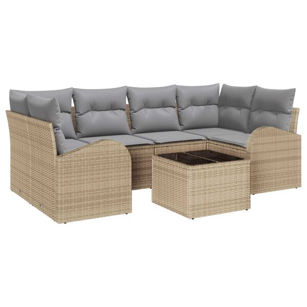 vidaXL Gar&eth;s&oacute;fa sett 7 pcs Beige og Gr&aacute;tt P&oacute;l&yacute;rattan, St&aacute;l og Gler