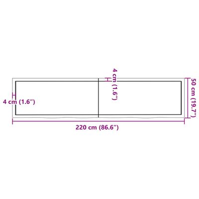 vidaXL Borðplata 220x50x(2-4) cm Ómeðhöndluð Gegnheil Eik