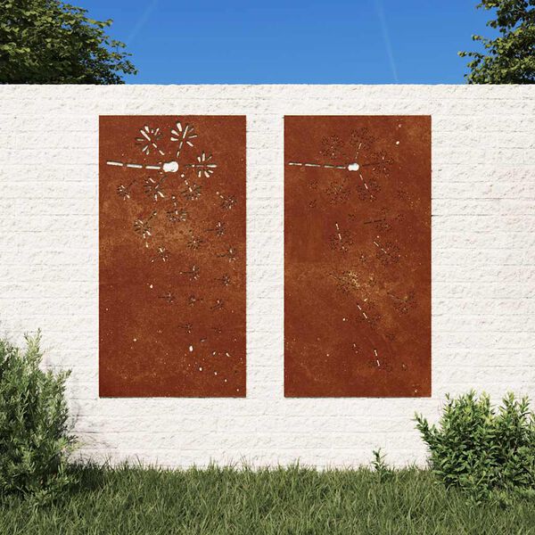vidaXL Gar&eth;veggskreytingar 2 stk. 105x55cm Corten St&aacute;l Bl&oacute;mah&ouml;nnun