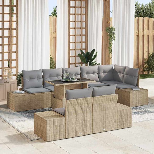 vidaXL Gar&eth;s&oacute;fa sett me&eth; geymslu 9 pcs Drapplita&eth;ur Poly rattan