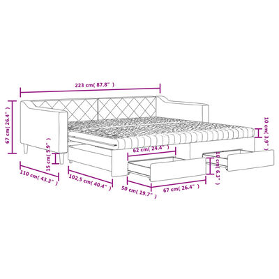 vidaXL Svefnsófi með Hjólaplötu og Skúffum Ljósgrár 100x200 cm Efni