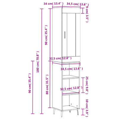 vidaXL Skenkur hvítt 34,5x34x180 cm Samsettur Viður