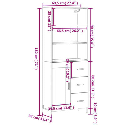 vidaXL Skápur Sonoma Eikarlitur 69,5x34x180 cm Samsettur Viður