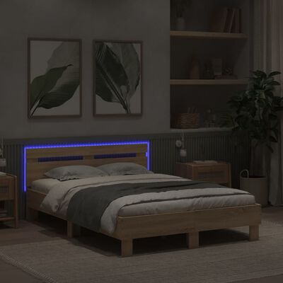 vidaXL Rúmgrind með LED án Dýnu Sonoma Eikarlitur 135x190 cm