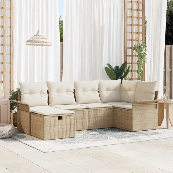 vidaXL Gar&eth;s&oacute;fa sett me&eth; p&uacute;&eth;i 6 pcs Beige og krem p&oacute;l&yacute;rattan