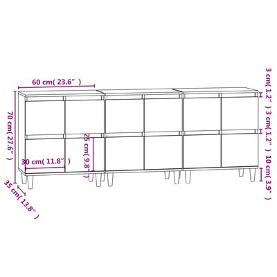 vidaXL Skenkir 3 stk. Háglans Hvítur 60x35x70 cm Samsettur Viður