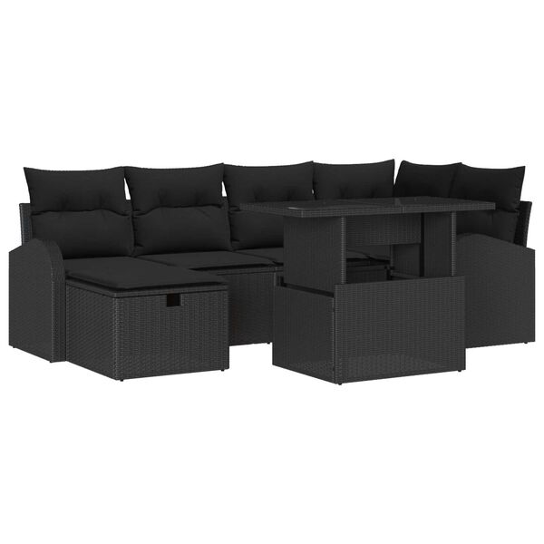 vidaXL Gar&eth;s&oacute;fa sett me&eth; p&uacute;&eth;i me&eth; geymslu 7 pcs Svartur Poly rattan
