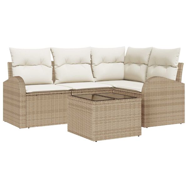 vidaXL Gar&eth;s&oacute;fa sett me&eth; p&uacute;&eth;i 5 pcs Beige og Hv&iacute;tt p&oacute;l&yacute;rattan