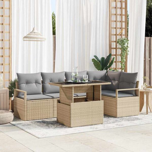 vidaXL Gar&eth;s&oacute;fa sett me&eth; p&uacute;&eth;i 6 pcs Beige og lj&oacute;sgr&aacute;r p&oacute;l&yacute;rattan