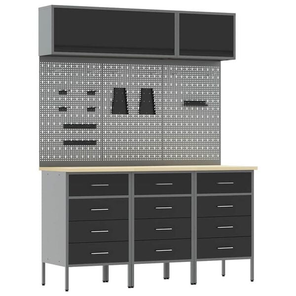 vidaXL Vinnusk&aacute;paset 8 pcs Svartur Pulverlita&eth;ur st&aacute;l og hanna&eth; tr&eacute;