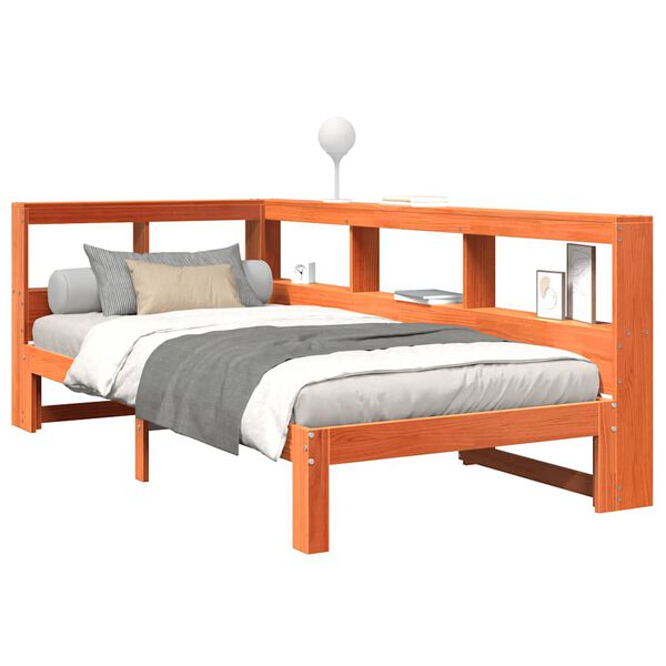 vidaXL Rúm með Bókahillu án Dýnu Vaxbrúnn 75x190 cm Gegnheil Fura