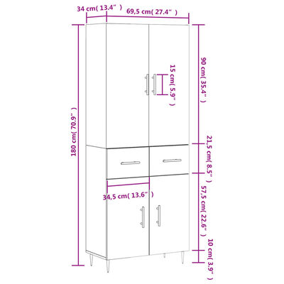 vidaXL Skenkur Háglans hvítt 69,5x34x180 cm Samsettur Viður