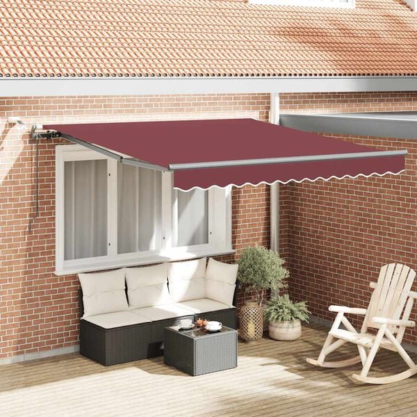 vidaXL sj&aacute;lfvirkt &uacute;tdraganlegt skyggni me&eth; LED Burgundy 300x250 cm