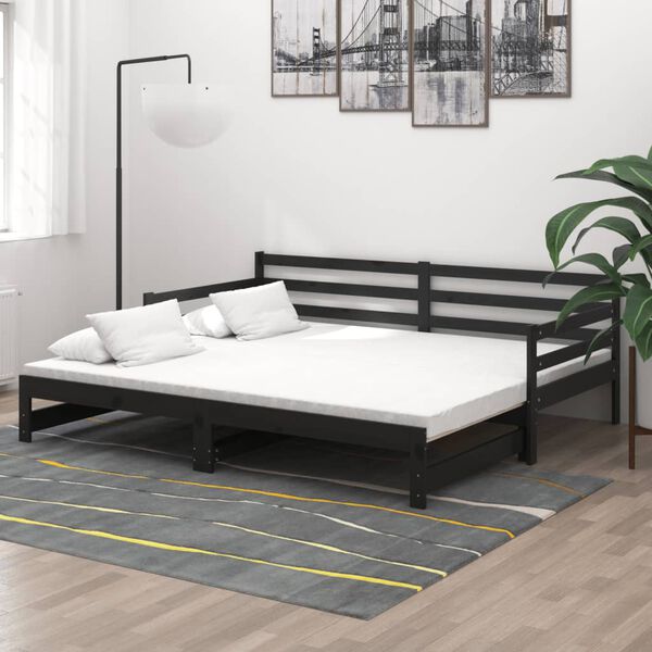 vidaXL &Uacute;tdraganlegur Svefns&oacute;fi 2x(90x200) cm Svart Gegnheil Fura