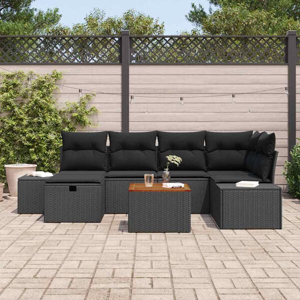 vidaXL Gar&eth;s&oacute;fa sett me&eth; p&uacute;&eth;i me&eth; geymslu 7 pcs Svartur Poly rattan