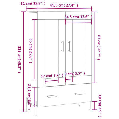 vidaXL Hár Skápur Hvítur 69,5x31x115 cm Samsettur Viður