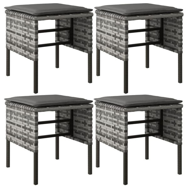 vidaXL Fótskemlar í Garðinn með Púðum 4 stk. Gráir Pólýrattan