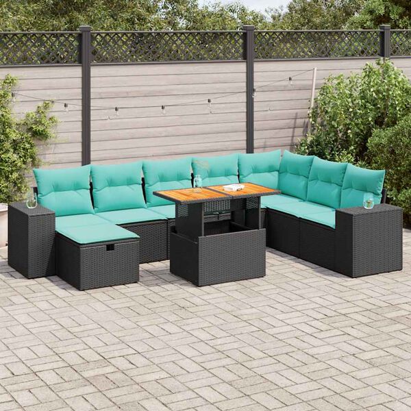 vidaXL 9 stykki gar&eth;s&oacute;fasett me&eth; p&uacute;&eth;um Black Poly Rattan Acacia