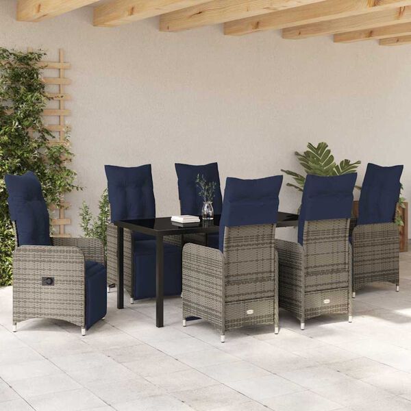 vidaXL Bor&eth; og st&oacute;laflokkur me&eth; p&uacute;&eth;i 7 pcs Gr&aacute;r PE rattan