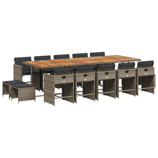 vidaXL 15 Parta Gar&eth;h&uacute;sgagnasett me&eth; Sessum P&oacute;l&yacute;rattan Gr&aacute;tt