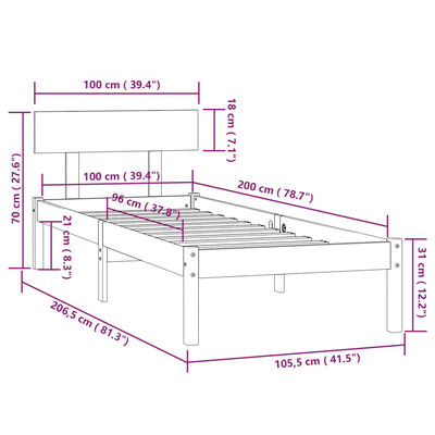 vidaXL Rúmgrind án Dýnu Hvít Gegnheil Viður 100x200 cm