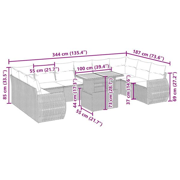 vidaXL 11 Hluta Gar&eth;s&oacute;fasett me&eth; Sessum Drapplita&eth; P&oacute;l&yacute;rattan
