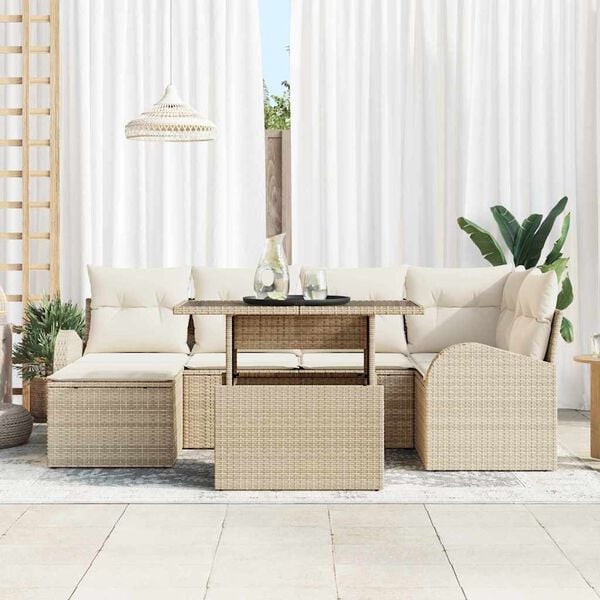 vidaXL Gar&eth;s&oacute;fa sett me&eth; geymslu 7 pcs Drapplita&eth;ur Poly rattan