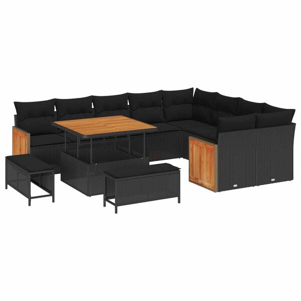 vidaXL Gar&eth;s&oacute;fa sett 12 pcs Svartur Poly Rattan og P&uacute;&eth;ur-lakki&eth; St&aacute;l