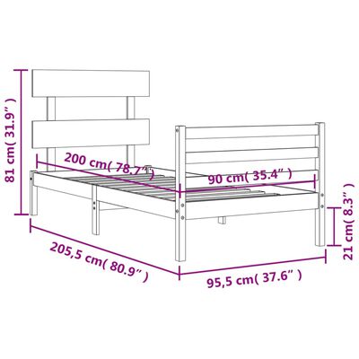 vidaXL Rúmgrind án Dýnu Hvítur 90x200 cm Gegnheil Viður