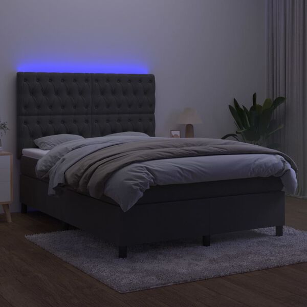vidaXL H&oacute;lfa&eth; Springr&uacute;m me&eth; D&yacute;nu&LED D&ouml;kkgr&aacute;tt 140x190 cm Flauel