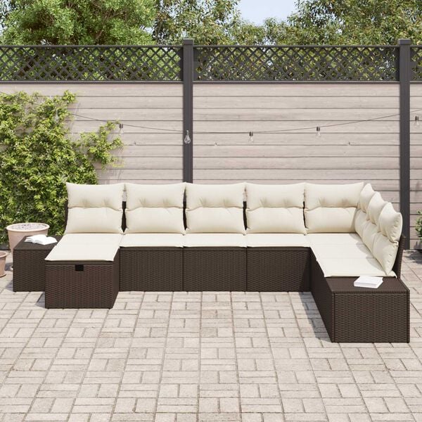 vidaXL Gar&eth;s&oacute;fa sett me&eth; kodda 8 pcs Br&uacute;nn Poly rattan