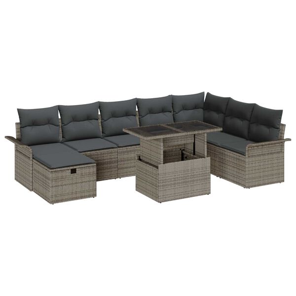 vidaXL Gar&eth;s&oacute;fa sett me&eth; p&uacute;&eth;i me&eth; geymslu 9 pcs Gr&aacute;r Poly rattan