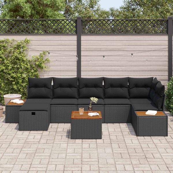 vidaXL Gar&eth;s&oacute;fa sett me&eth; kodda 8 pcs Svartur Poly rattan