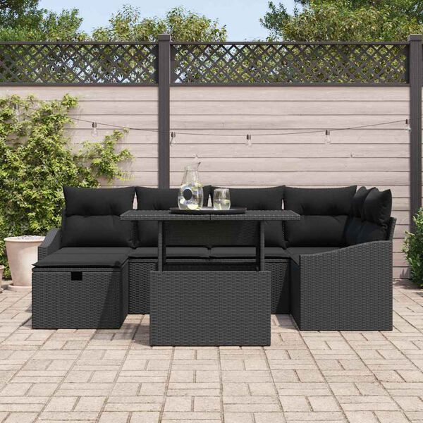 vidaXL Gar&eth;s&oacute;fa sett me&eth; p&uacute;&eth;i me&eth; geymslu 7 pcs Svartur Poly rattan