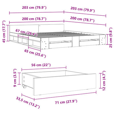 vidaXL Rúmgrind með Skúffum án Dýnu Sonoma Eikarlitur 200x200 cm