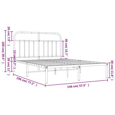 vidaXL Rúmgrind úr Málmi án Dýnu með Höfðagafli Svört 140x190 cm