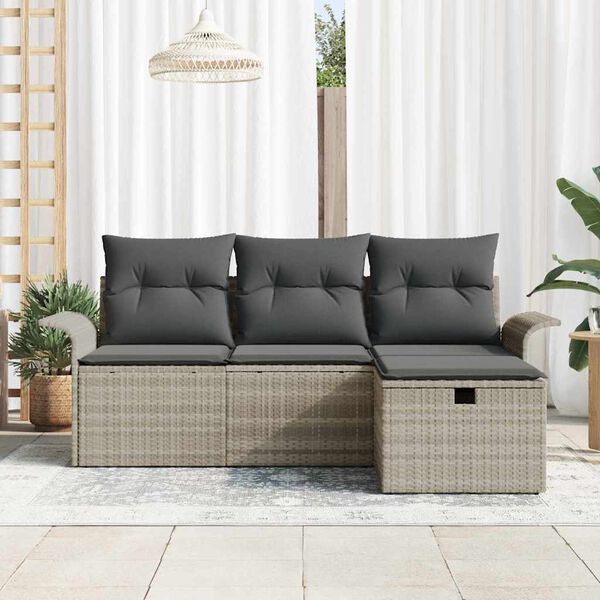 vidaXL Gar&eth;s&oacute;fa sett me&eth; p&uacute;&eth;i me&eth; geymslu 4 pcs Lj&oacute;sgr&aacute;tt Poly rattan