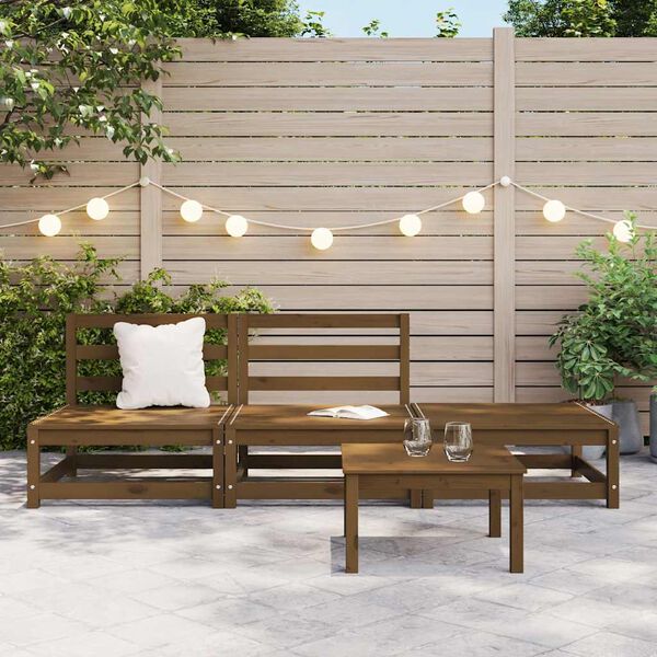 vidaXL 3 Hluta Gar&eth;s&oacute;fasett Hunangsbr&uacute;n Gegnheil Fura