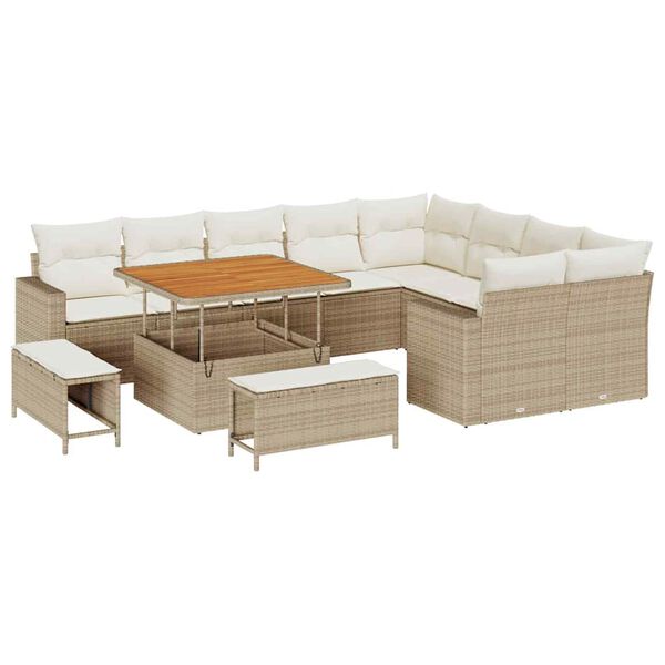 vidaXL Gar&eth;s&oacute;fa sett me&eth; p&uacute;&eth;i 13 pcs Beige og krem p&oacute;l&yacute;rattan